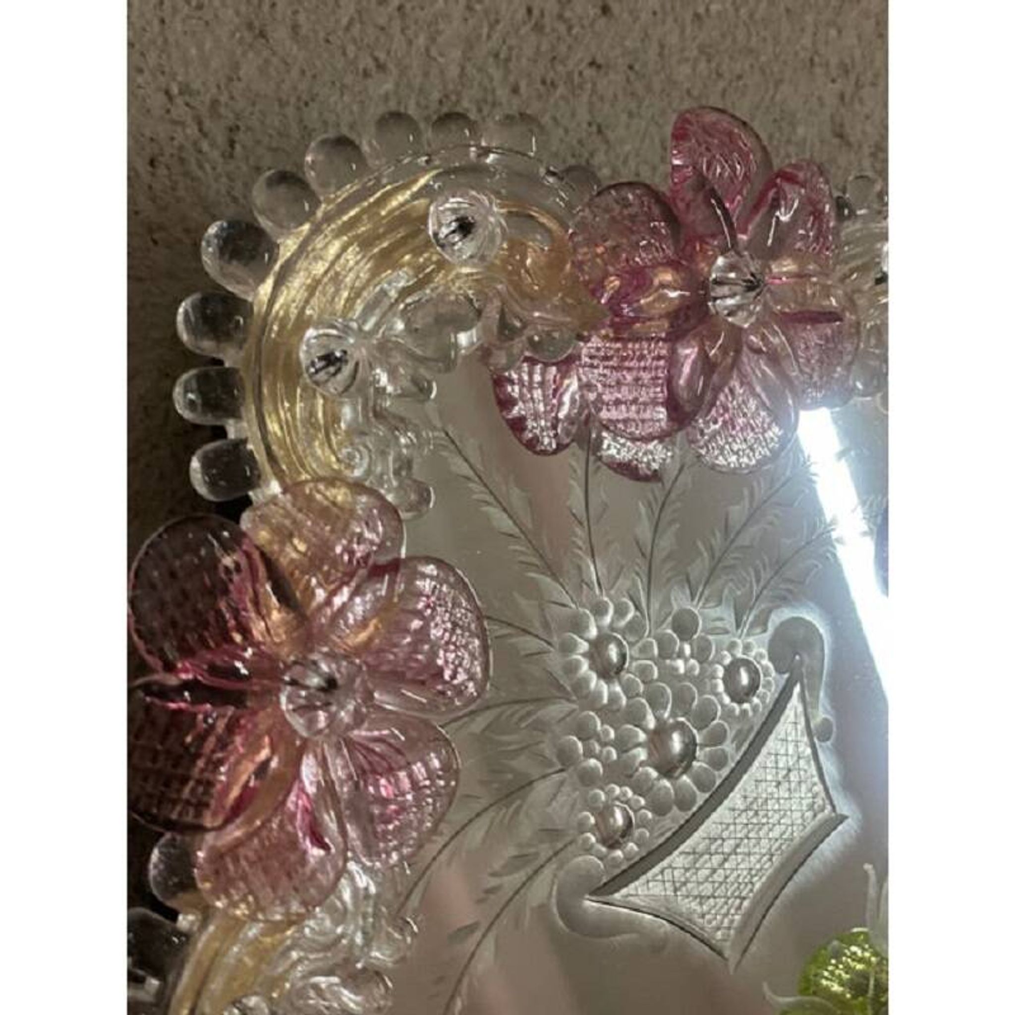 2000s Venetian Oval Green and Pink Floreal Hand-Carving Mirror in Murano Glass Style