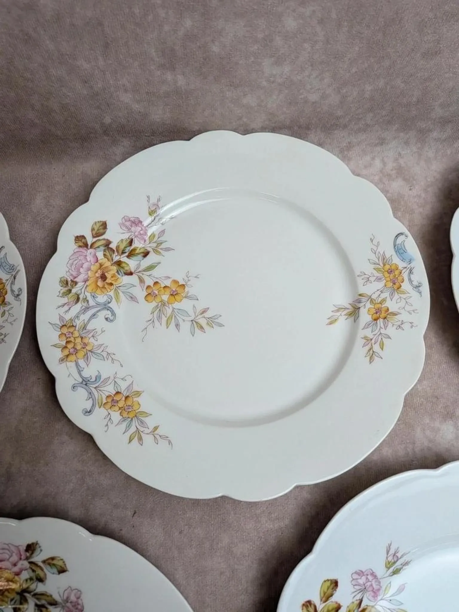 Set of 7 vintage flat plates in porcelain – Polychrome floral decoration