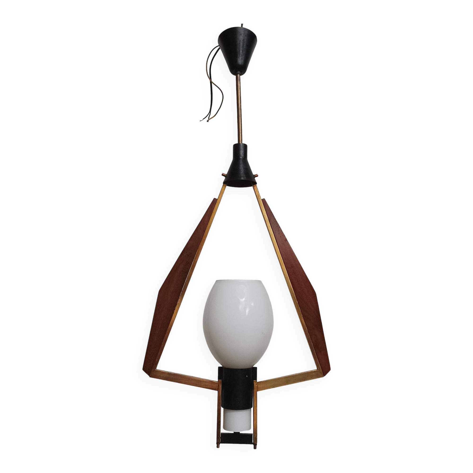 Teak, brass and opaline pendant light, Italy 1960