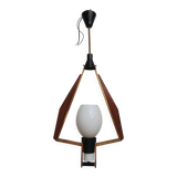 Teak, brass and opaline pendant light, Italy 1960