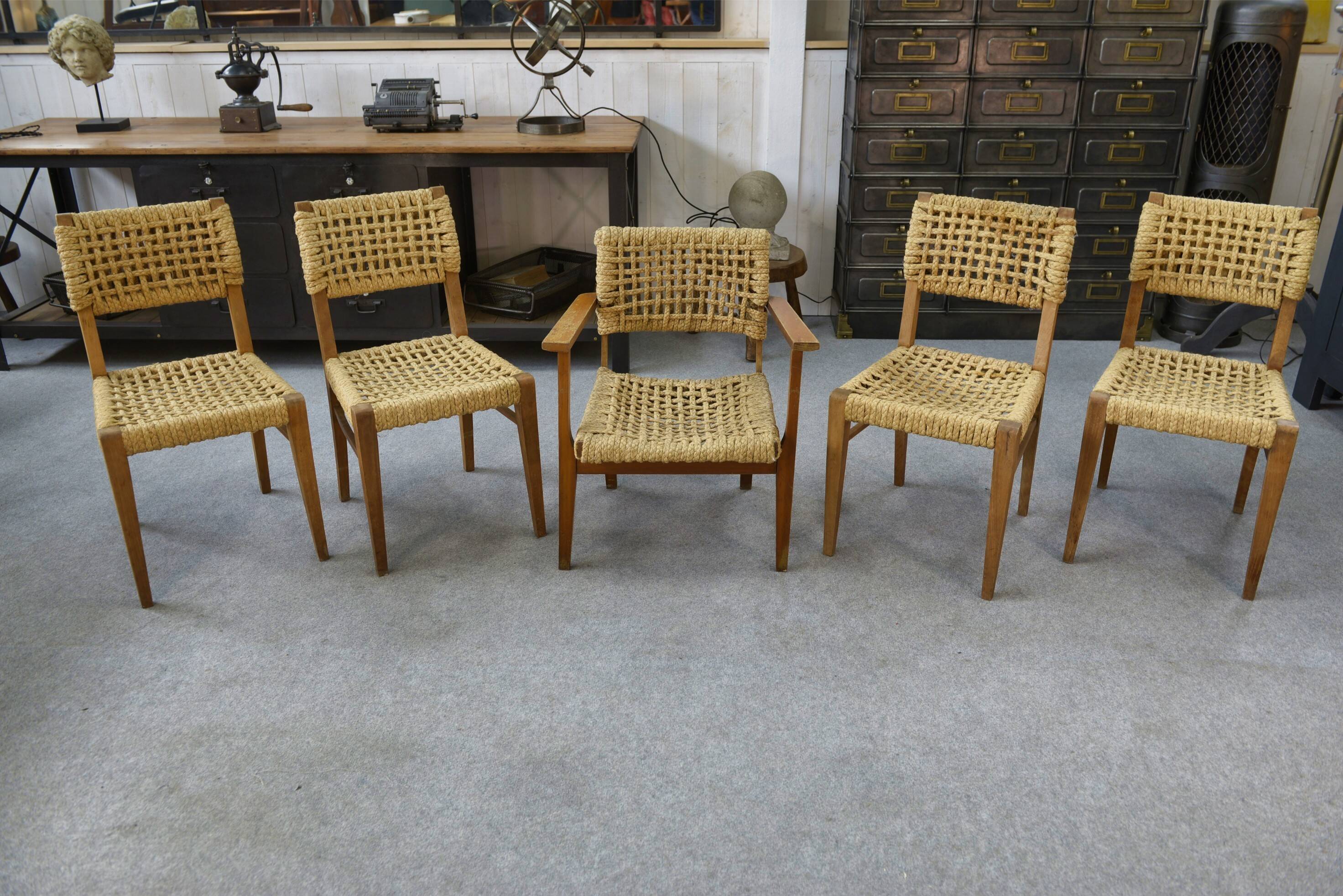 Set of 6 woven rope chairs by Adrien Audoux & Frida Minet for Vibo Versoul 1940's