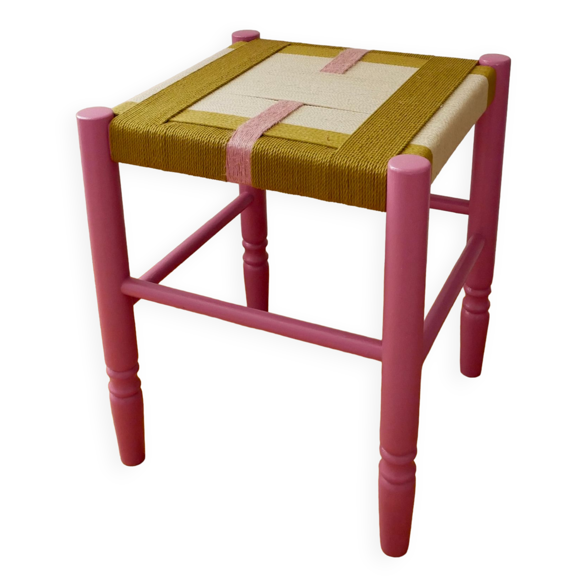 Wooden stool. Vintage stool. woven stool