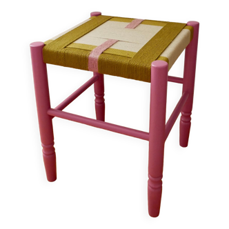 Tabouret bois . Tabouret vintage . tabouret tissé