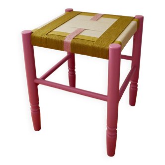Wooden stool. Vintage stool. woven stool