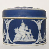 Pair of Wedgwood biscuit boxes with relief decoration of antique scenes