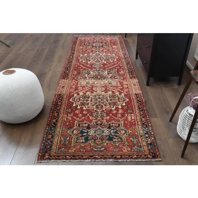 1970s Vintage Turkish Oushak Handmade Wool Cotton Red Runner Rug 101x305