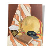 Oil painting on panel, still life with mask