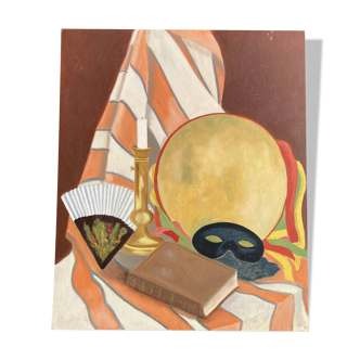 Peinture à l'huile sur panneau, nature morte au masque