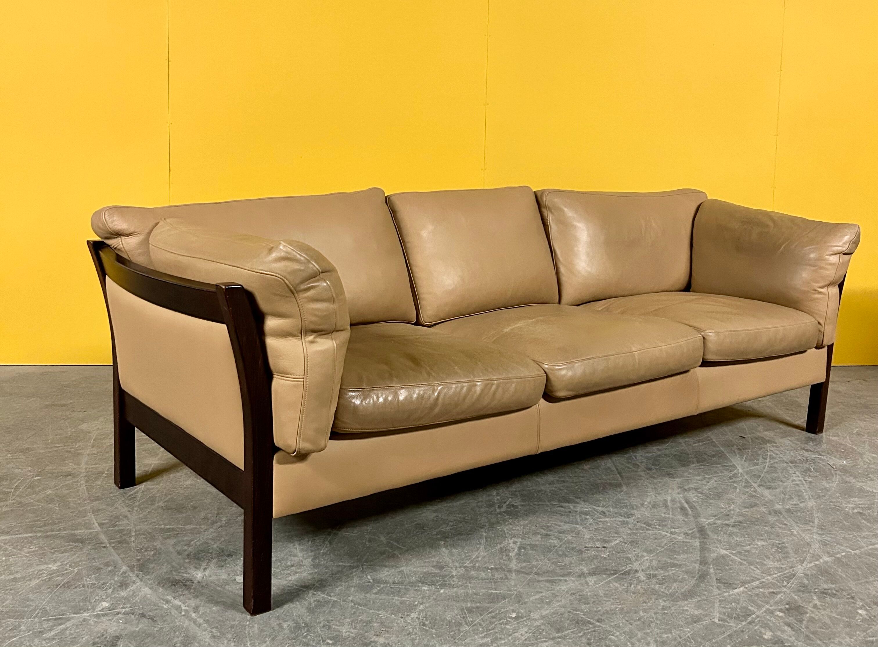 Danish vintage 3 seater tan leather sofa, 1960s