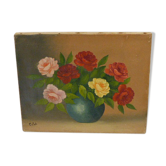 Table the bouquet of roses, vase, oil on canvas by Collet, vintage