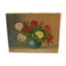 Table the bouquet of roses, vase, oil on canvas by Collet, vintage