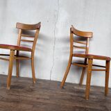 Pair of chairs in light wood and vintage red fabric 1960
