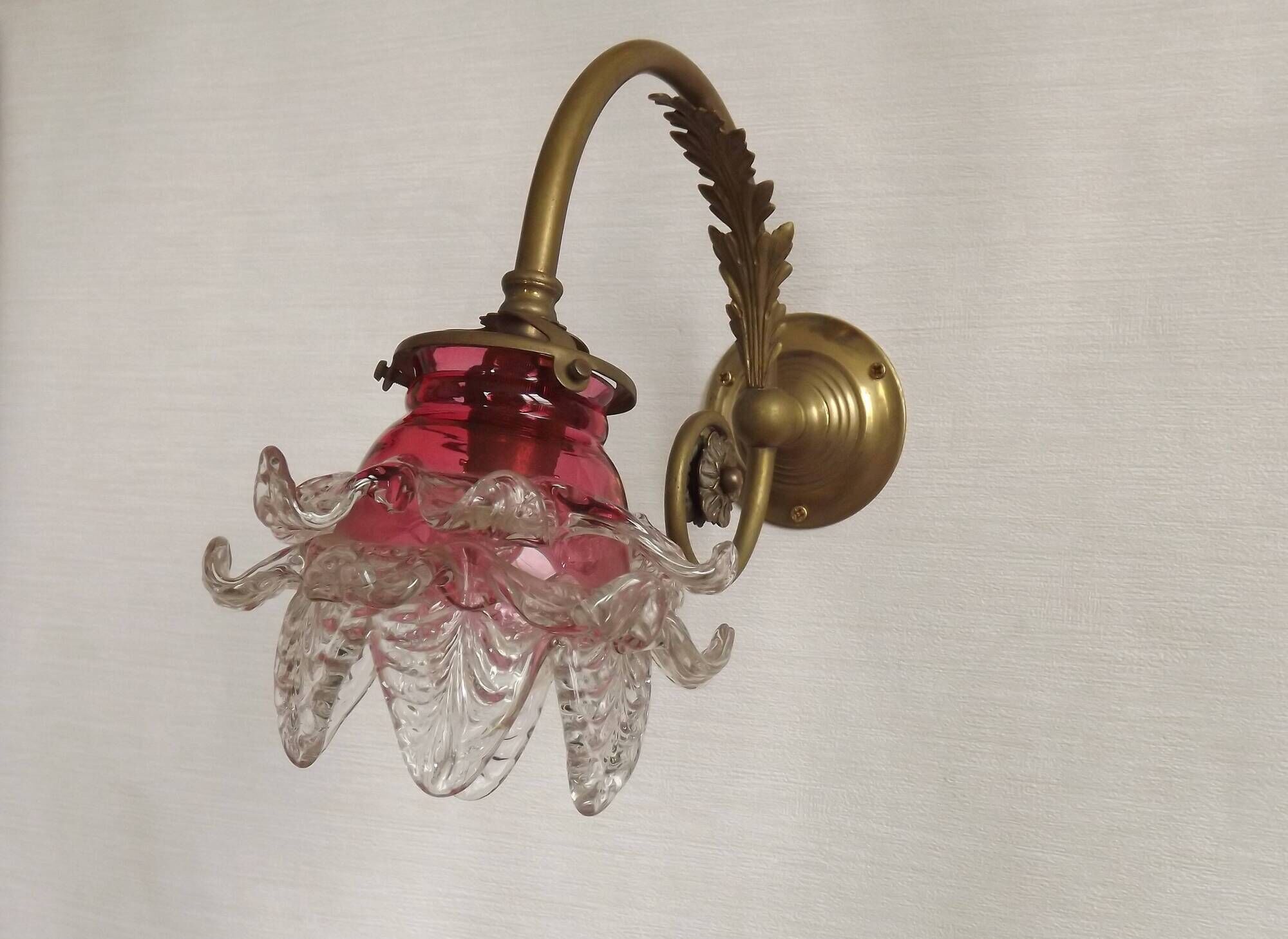 French Brass Single Wall Light with Pink & Clear Floral Glass Shade