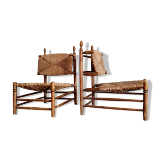 Pair of oak and straw armchairs