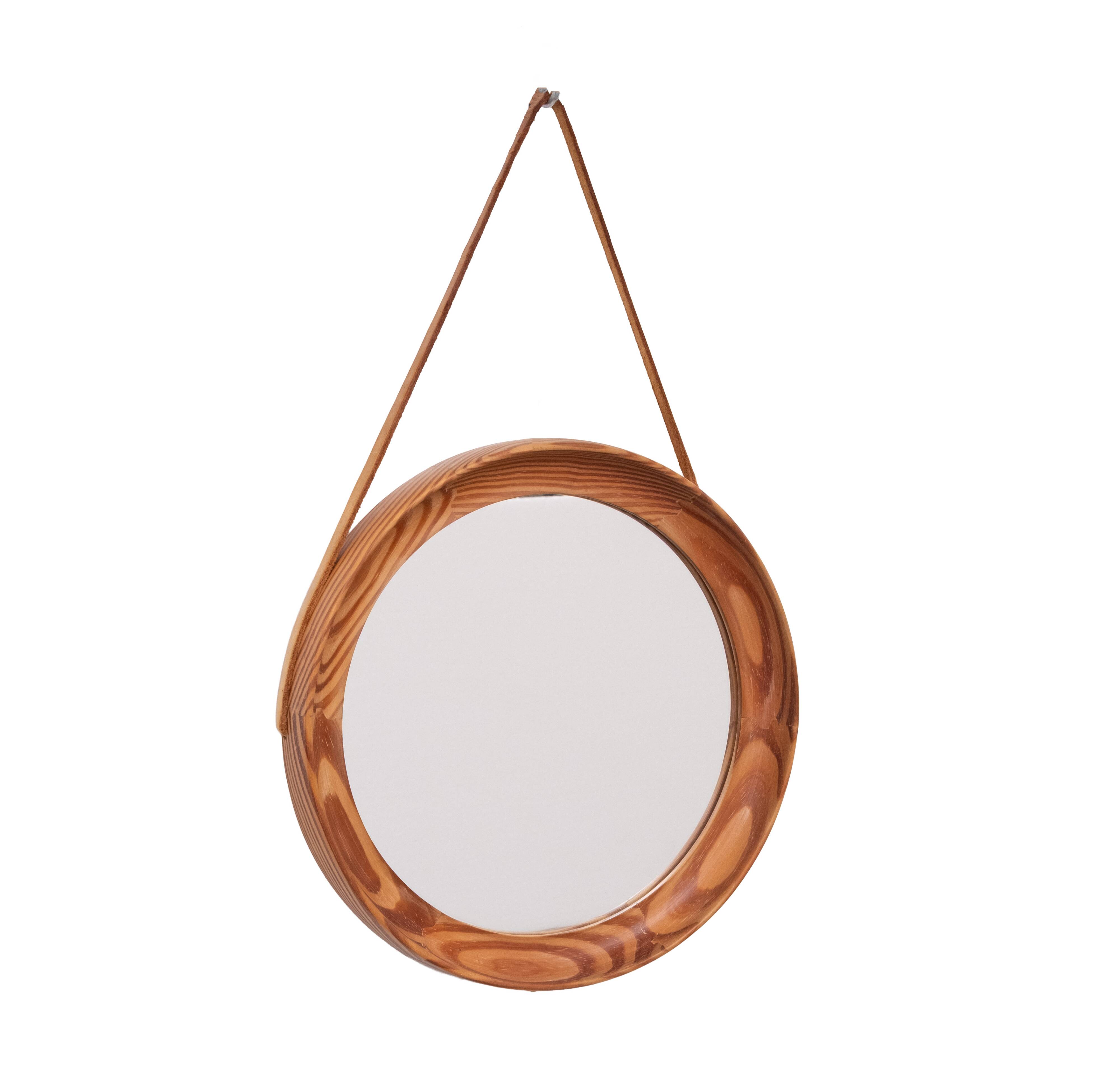 Uno & Östen Kristiansson Solid Pine round Wall Mirror Sweden 1960s