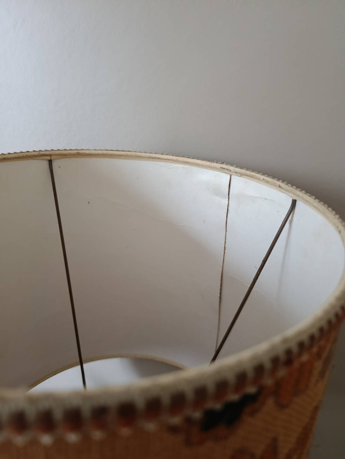 turned wooden lamp with a jute floral shade, authentic sixties