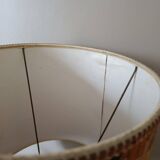 turned wooden lamp with a jute floral shade, authentic sixties