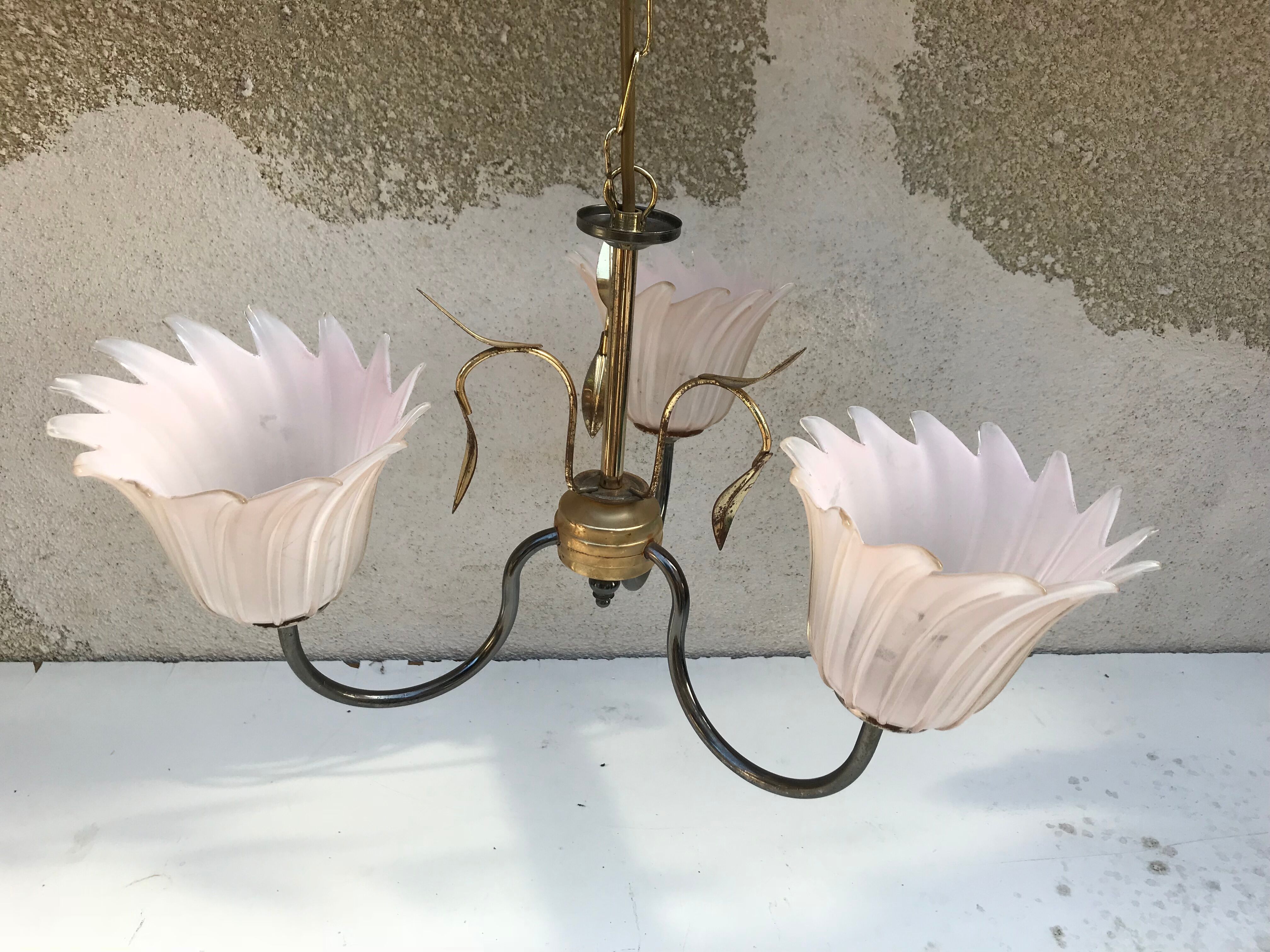 Chandelier 3 arm metal gold old vintage rose