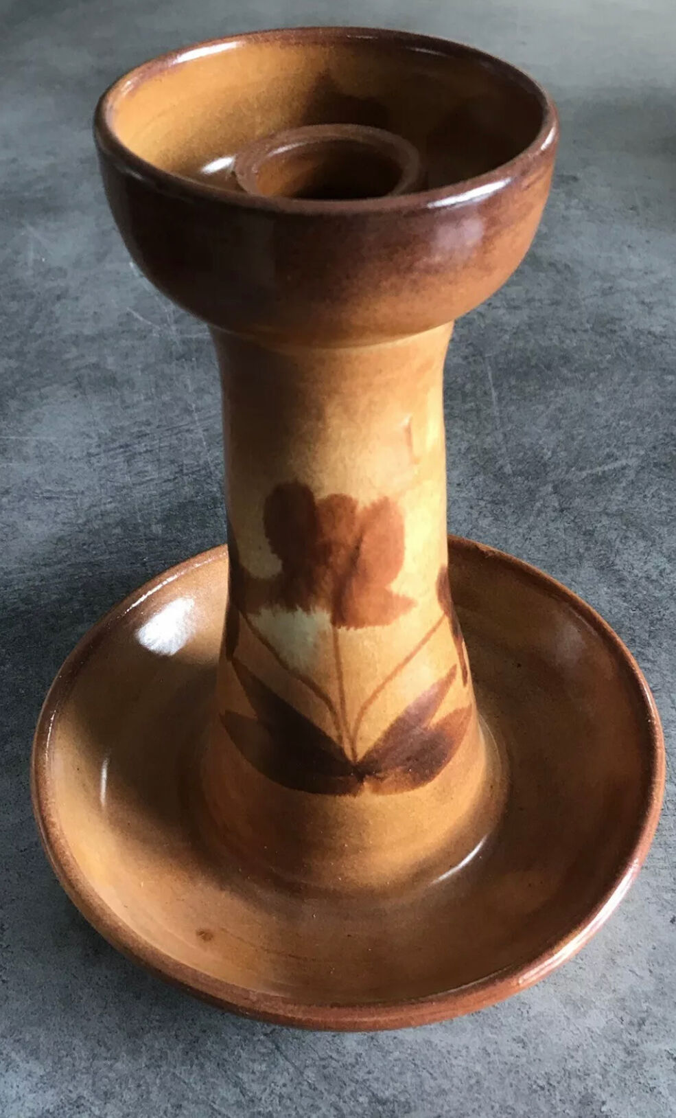 Vintage candle holder in glazed terracotta floral paint decoration