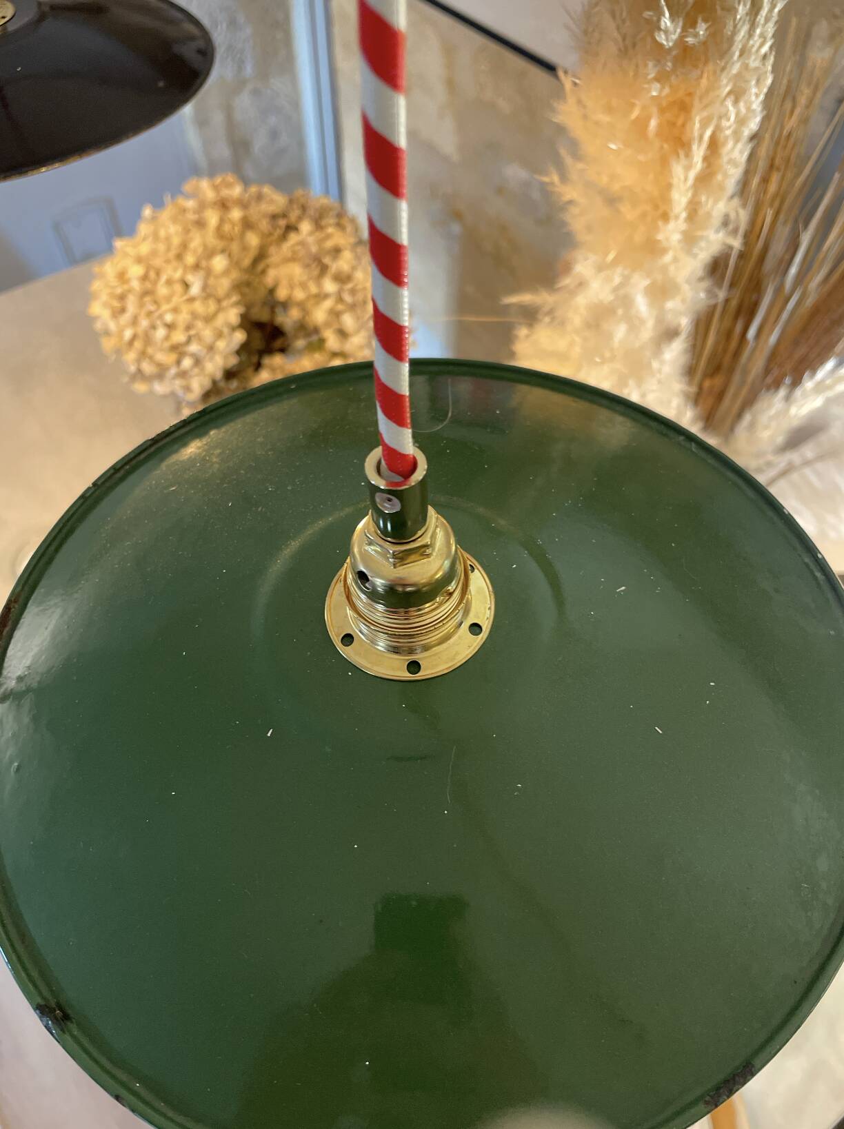 Old green/black and white enameled sheet metal pendant lights Two-tone vintage industrial farmhouse wire