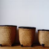 set of 3 nesting baskets in woven bamboo and leather