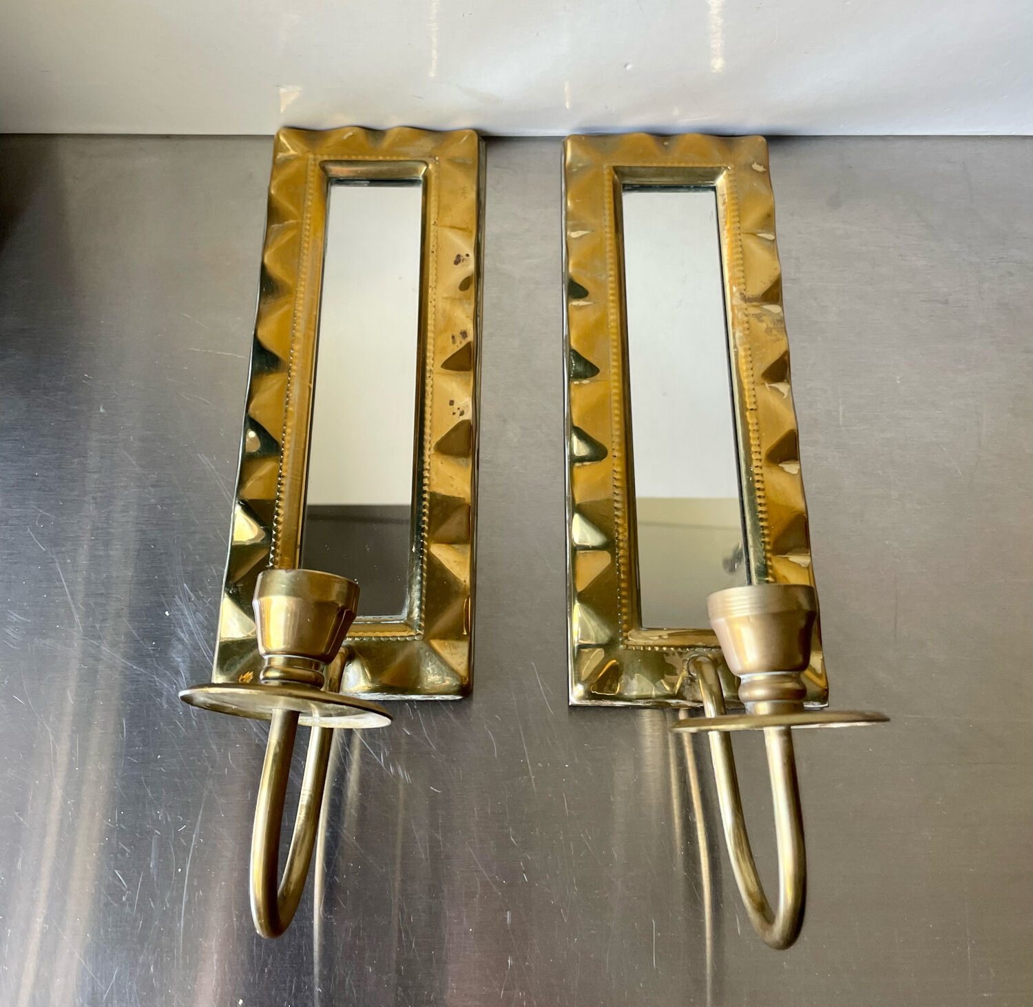Pair of art deco vintage brass wall candle holders sconces