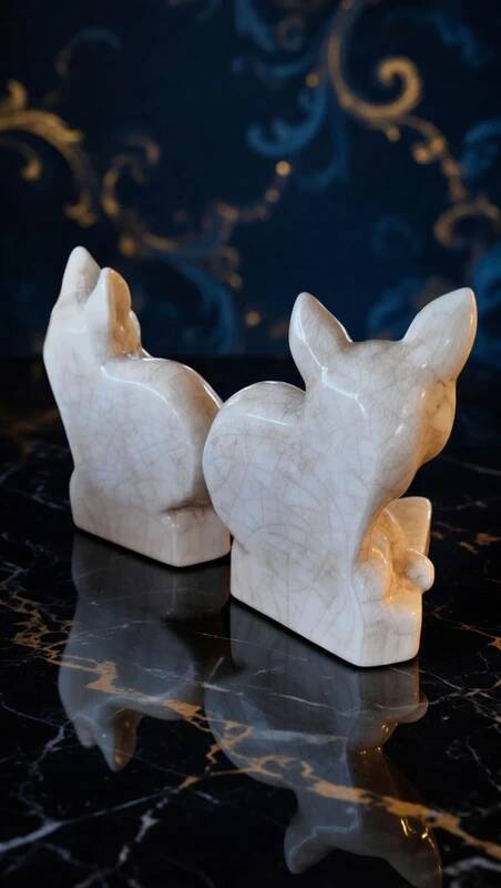 Pair of Fox Bookends - in Crackled Ceramic - Art Deco Style