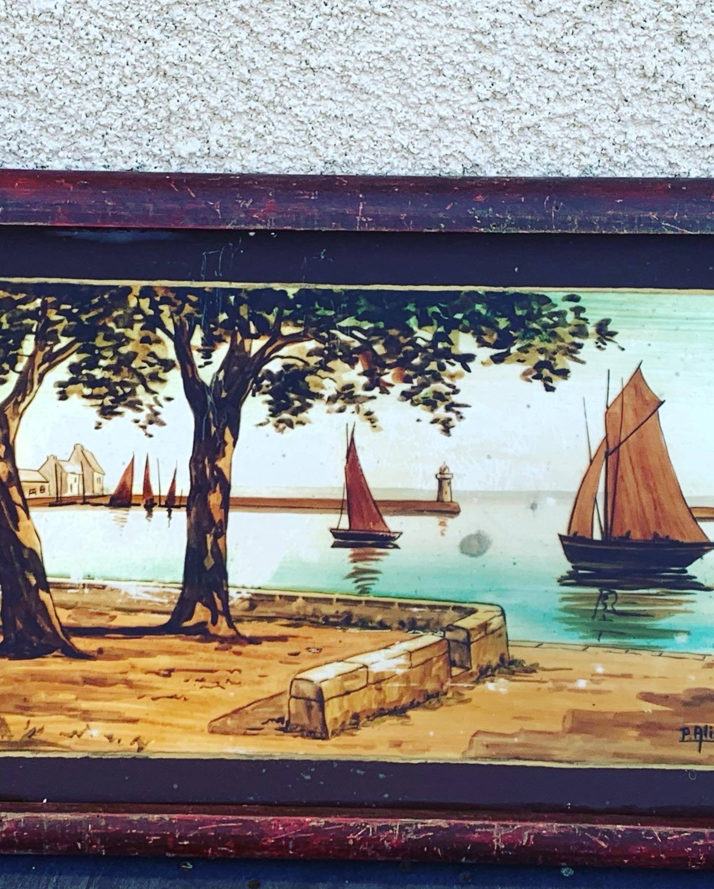 Marine painting, fixed on glass, signed P. Alix, art deco, old