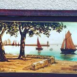 Marine painting, fixed on glass, signed P. Alix, art deco, old