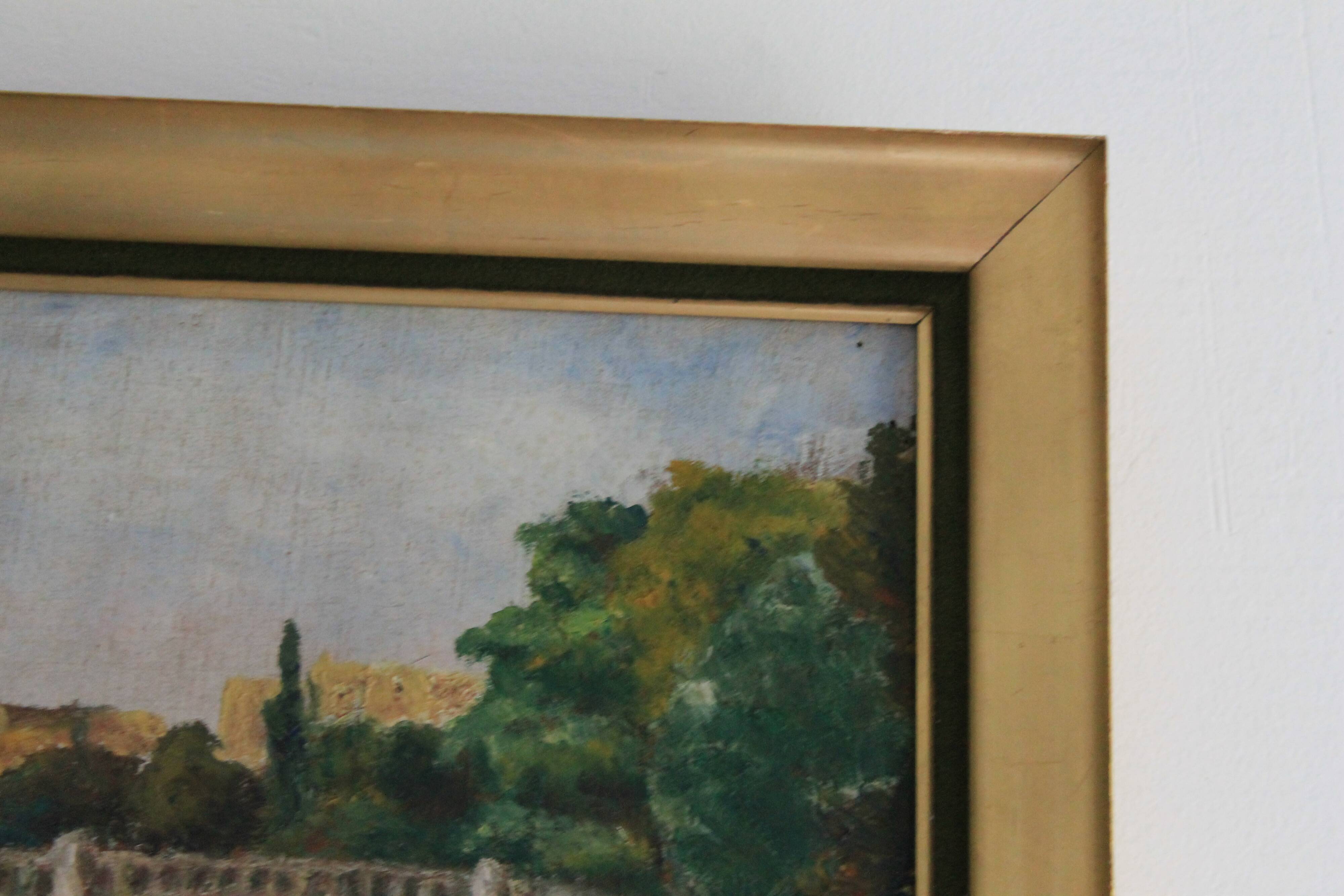 Oil on canvas "Landscape with Bridge" early 20th century