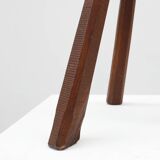 Brutalist French solid oak tripod stool with metal rim, 1850s