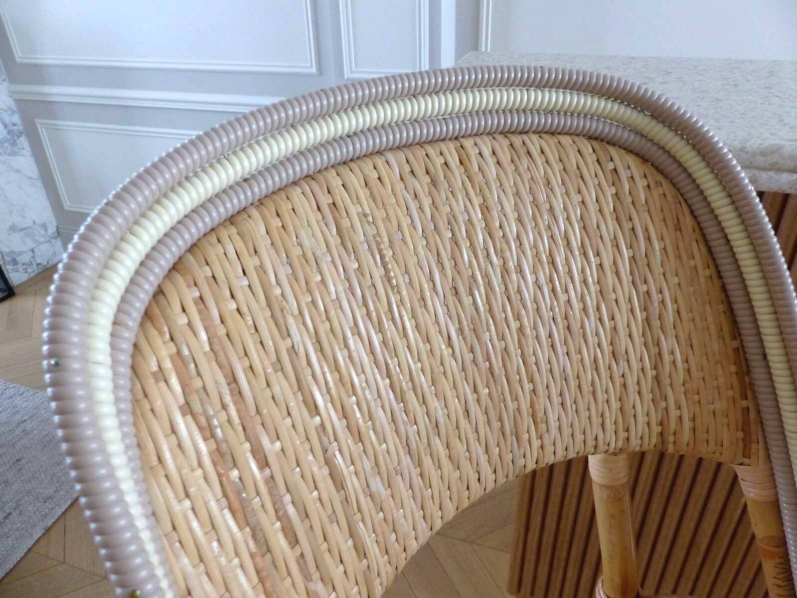 Lot of 3 Maison Louis Drucker light Manila rattan bistro high chairs.