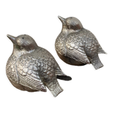 Duo of salt shaker and pepper in the shape of a bird in silver metal and its basket