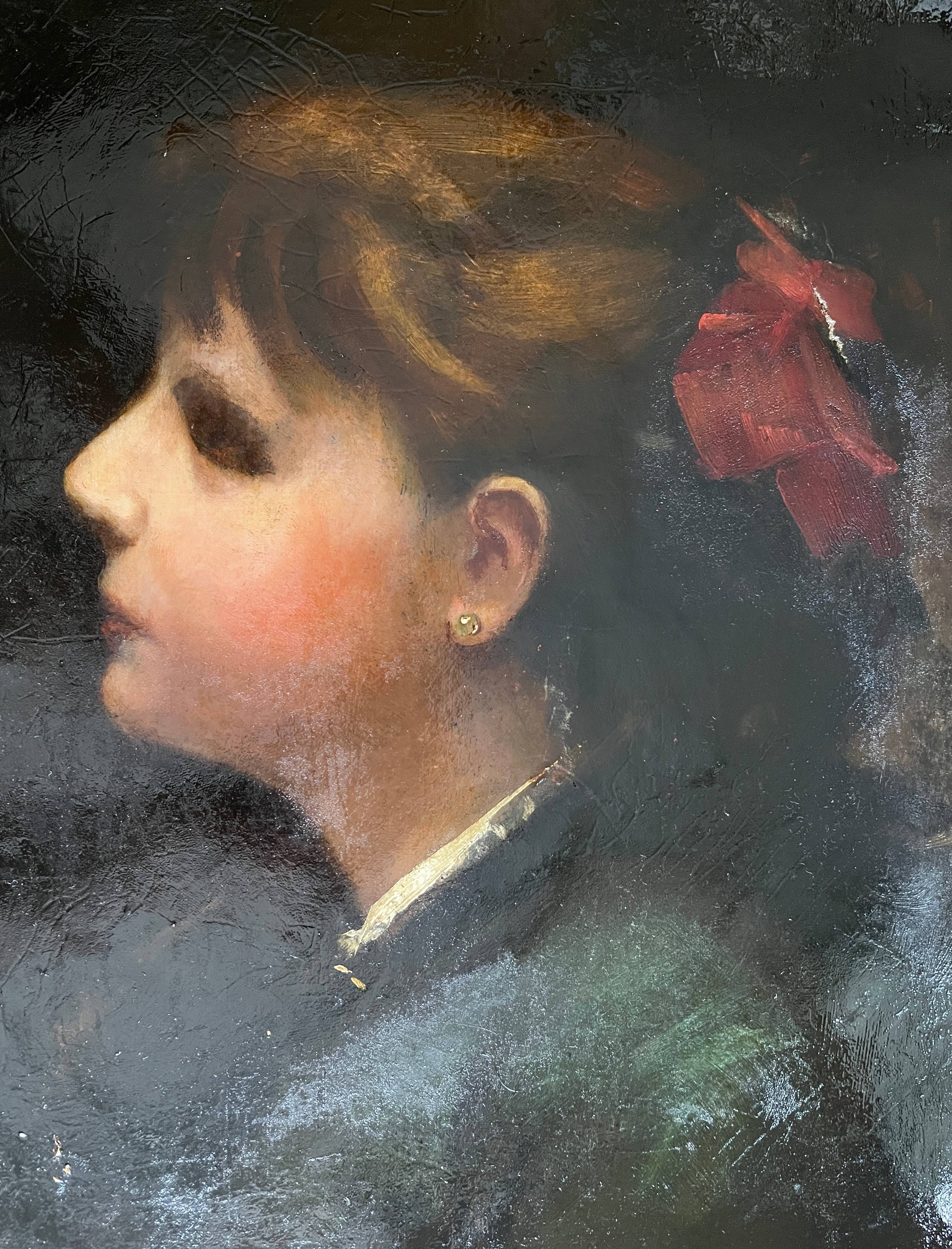 HST painting "Portrait of a young woman with a red bow" 19th century for restoration