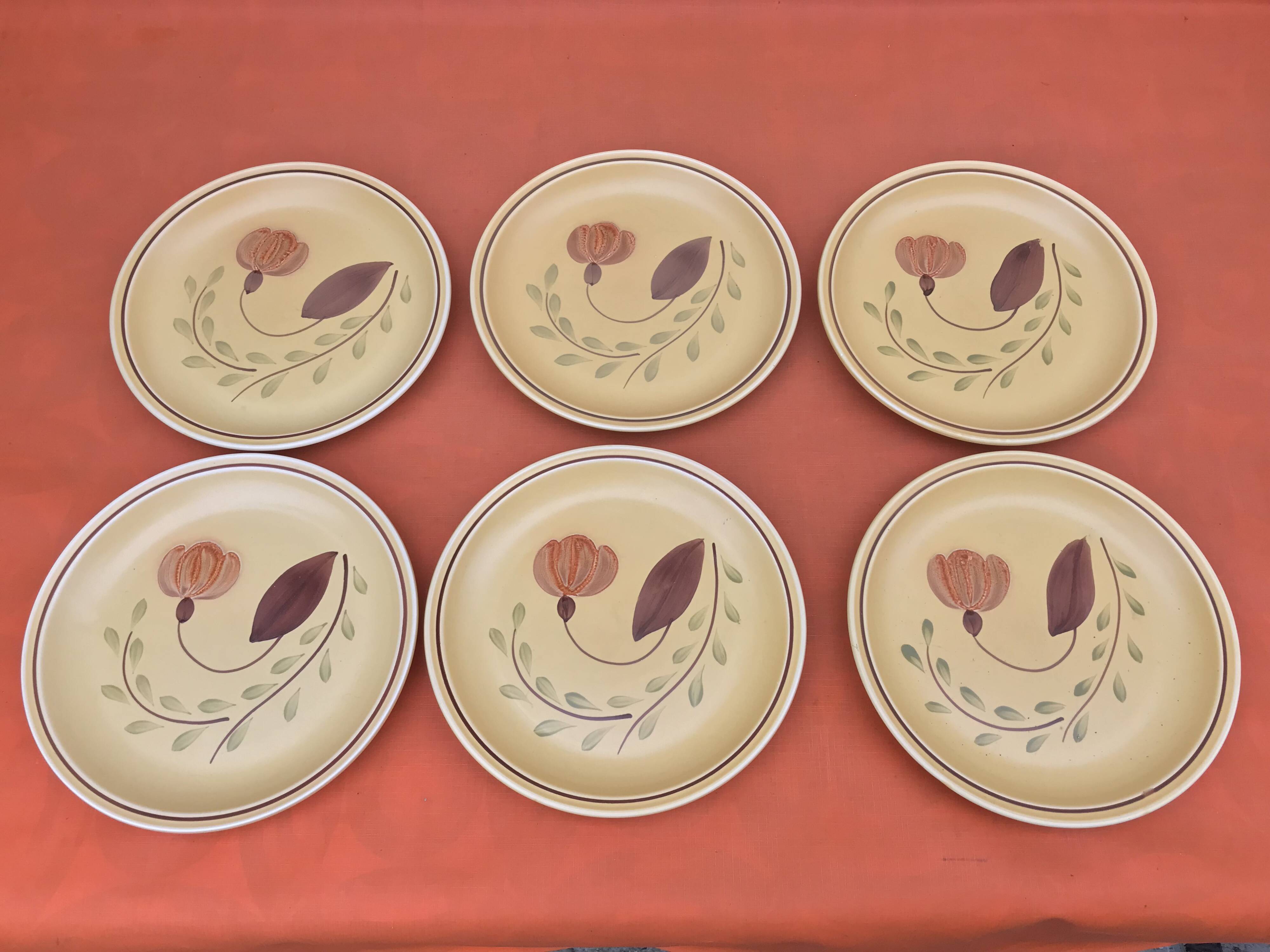 1960s 6 flat plates Ateliers du Revernay France (Digoin Saône-et-Loire) Matte stoneware