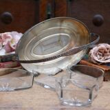 Art Nouveau serving dish plated in copper with removable glass inserts.