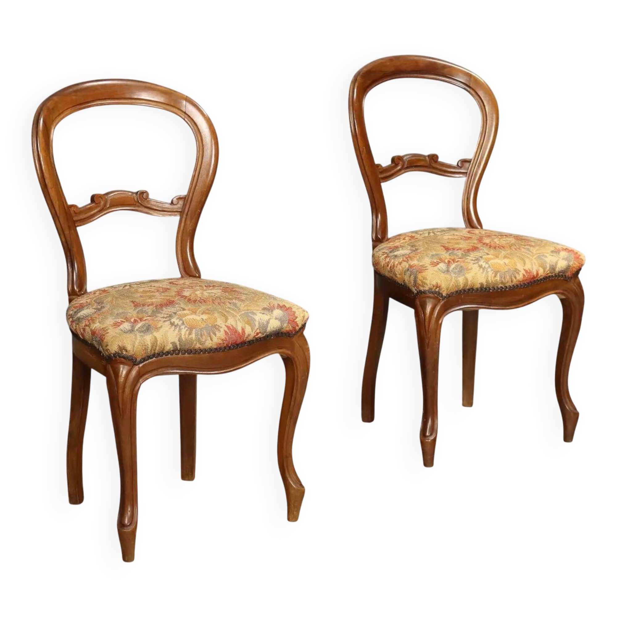 Pair of antique Louis-Philippe chairs in walnut and fabric, Italy, 19th century.