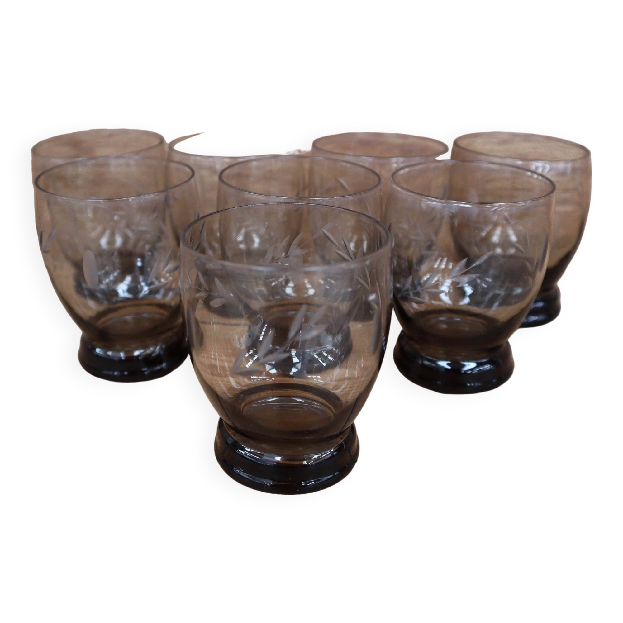 Set of 8 vintage transparent brown wheat ear chiseled glasses