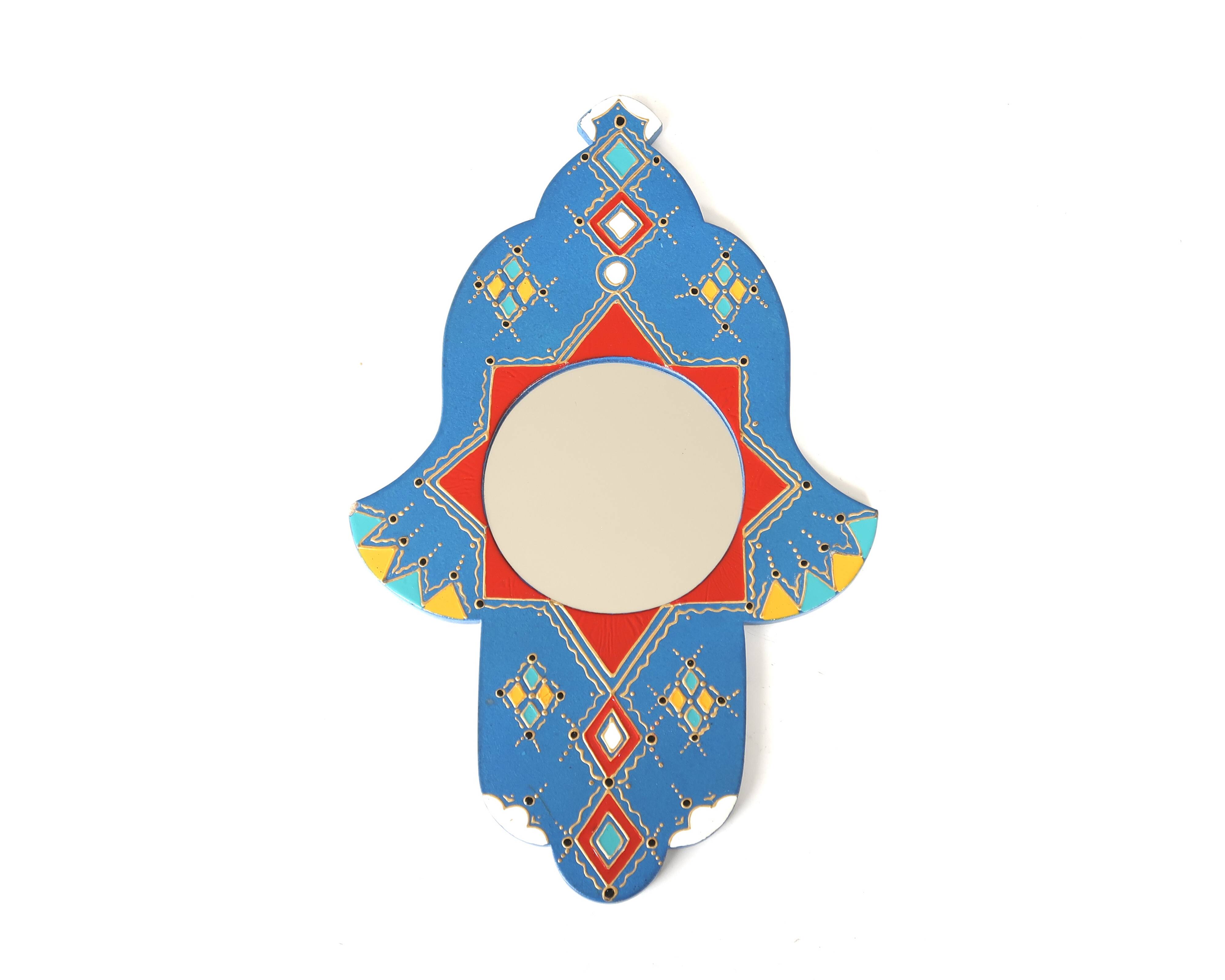 Moroccan painted wooden mirror in the shape of a hand, 1970s