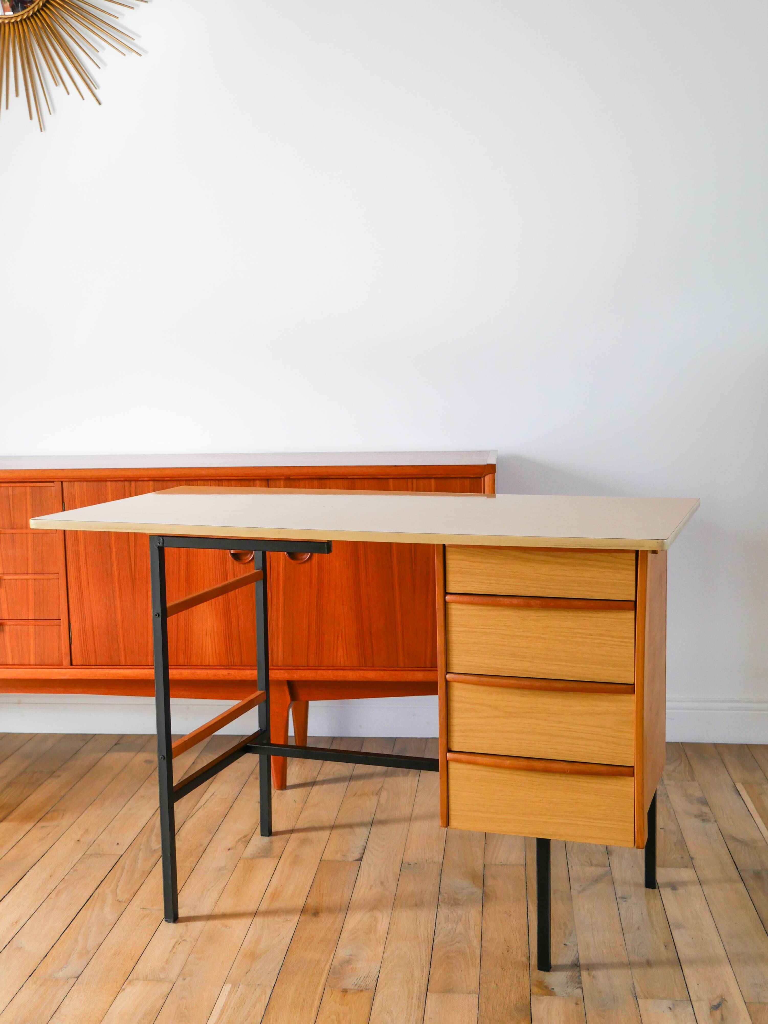 Formica, beech and black metal desk, Modernist Design, 1960