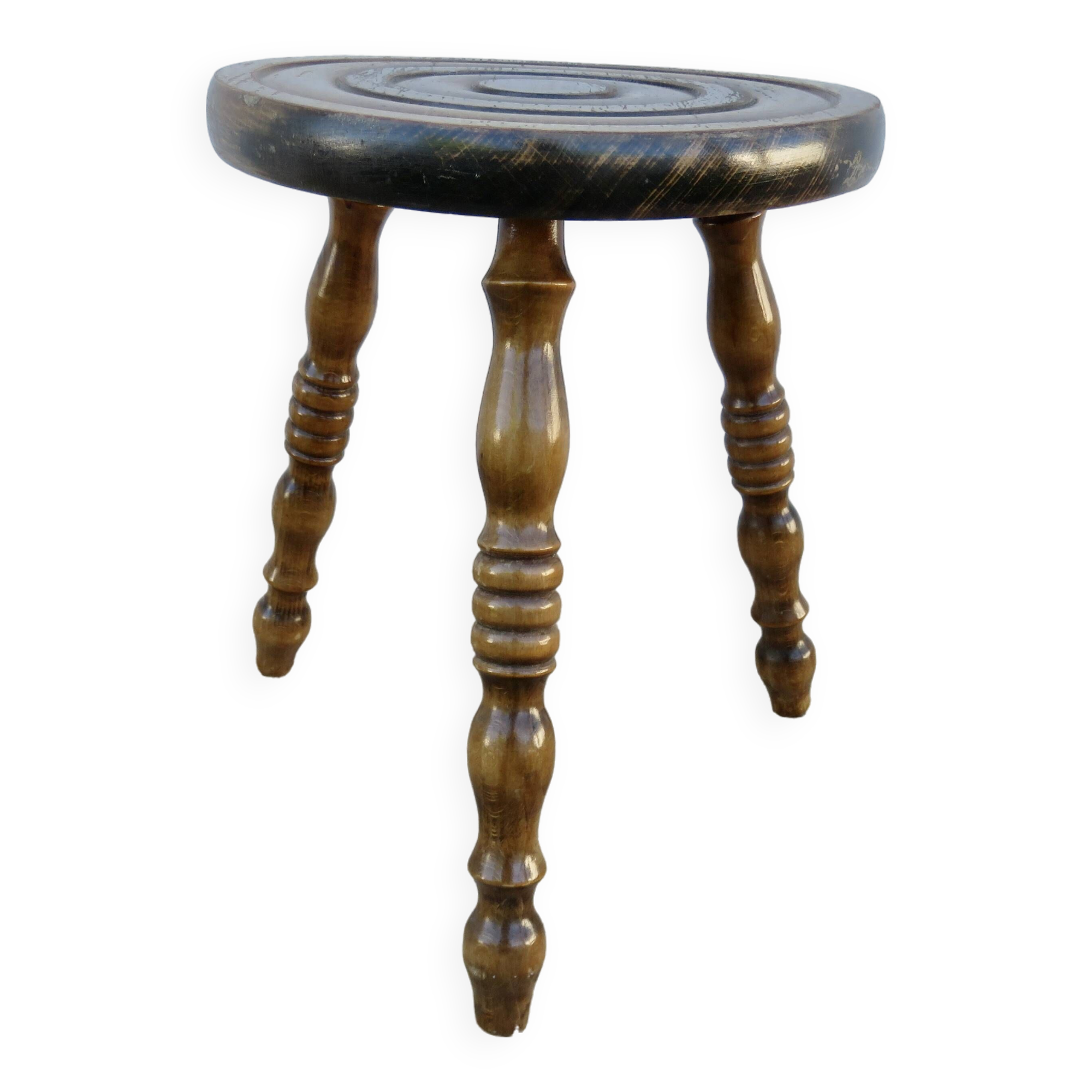 Old tripod stool in solid oak turned 1950 1960
