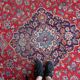 Antique Kashan wool rug, medallion & allover floral, crimson & navy, c. 1920s — 283 × 384 cm — 1C1279