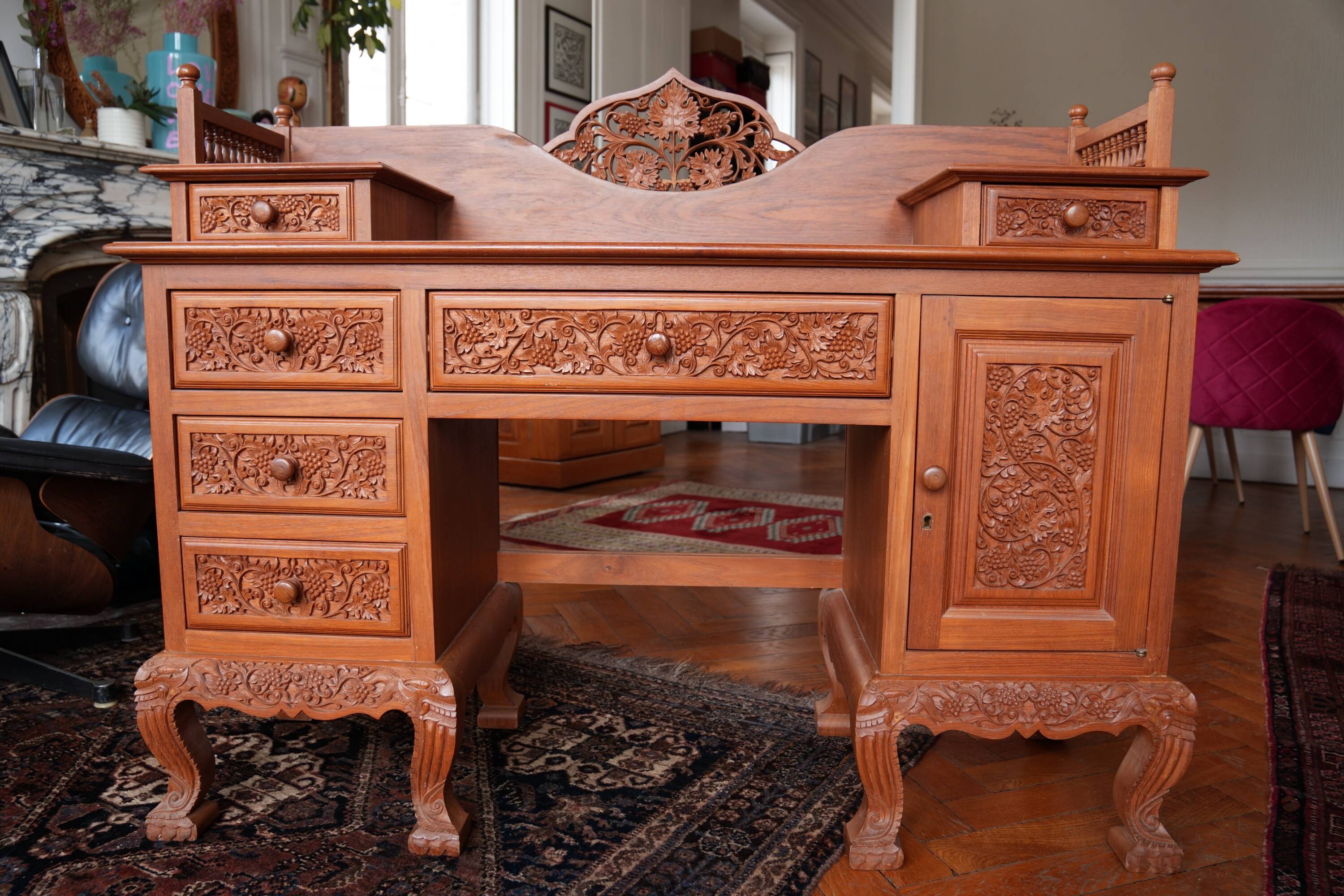 Vintage Vanity Desk, unique hand carved, Chiang Mai teak wood