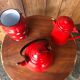 Set kettle coffee maker and milk pot in red-wrapped iron, 50/60 year.