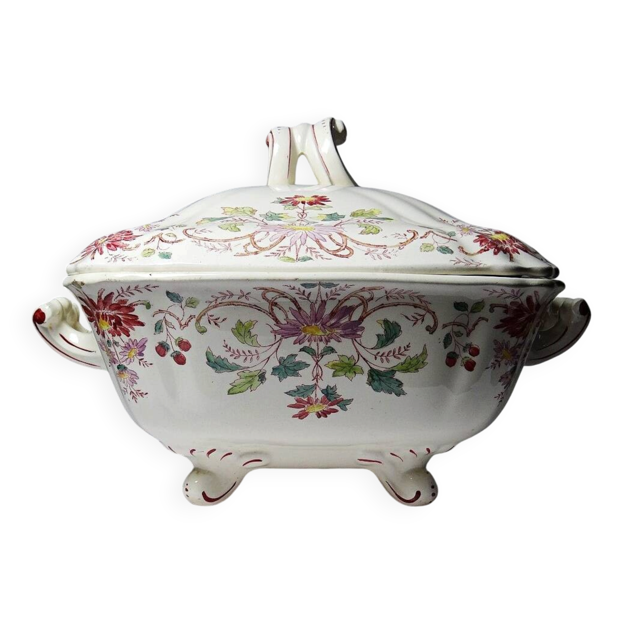 Antique Longchamp soup tureen/vegetable dish with polychrome daisies in ironstone.