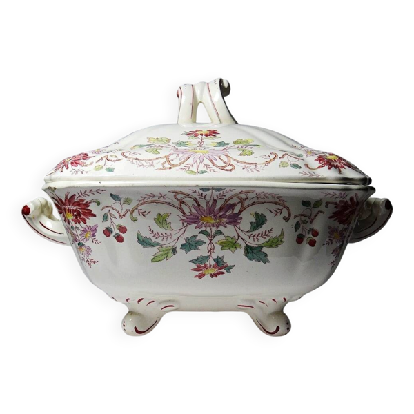 Soupière, légumier ancien Longchamp Pâquerettes en terre de fer polychrome