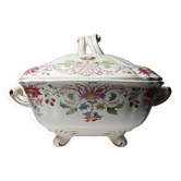 Antique Longchamp soup tureen/vegetable dish with polychrome daisies in ironstone.