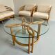 Complete living room with rattan sofa and white bouclette, brass finish, 80's design