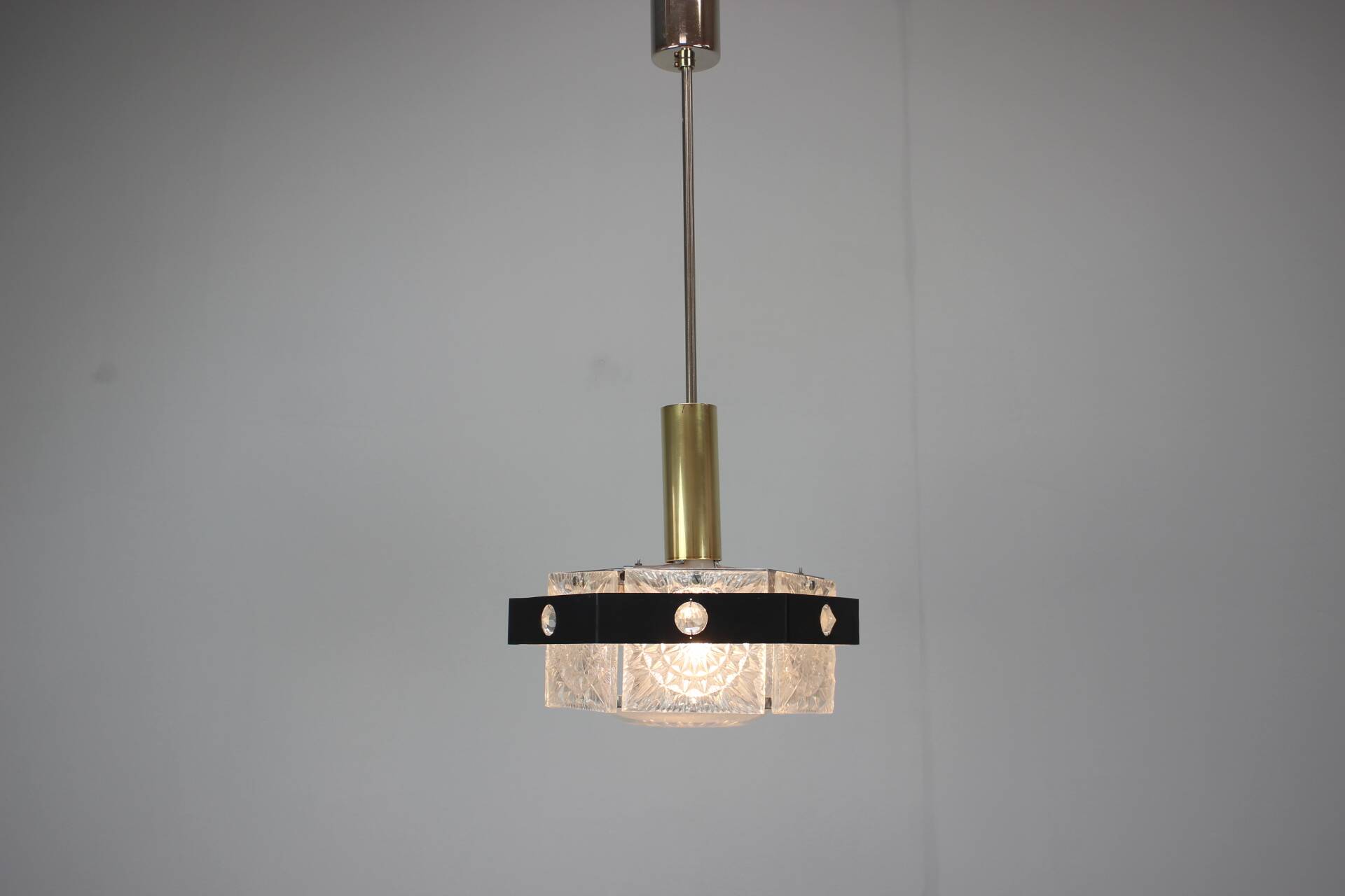 1970s Czechoslovak Kamenický Šenov Cut Glass and Chrome Pendant Light