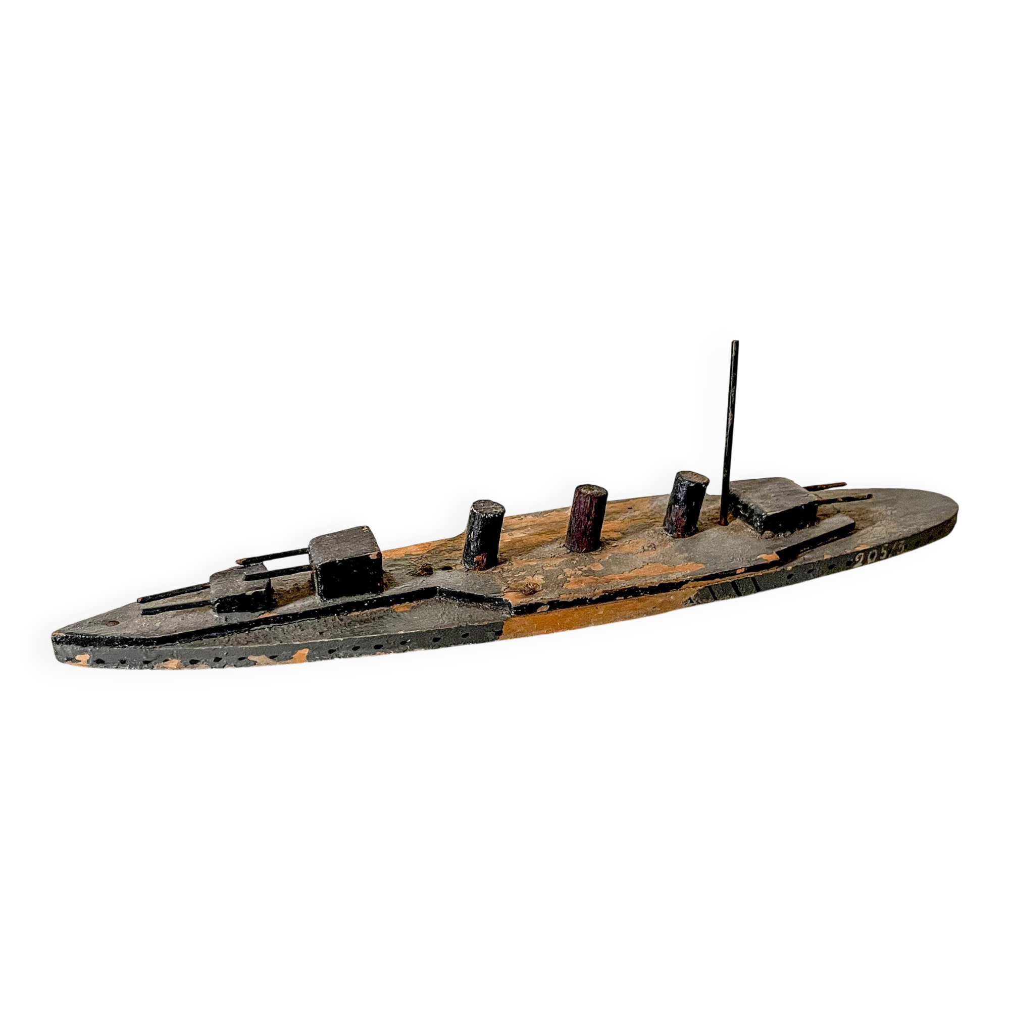 Wooden destroyer boat, antique toy from the early century.